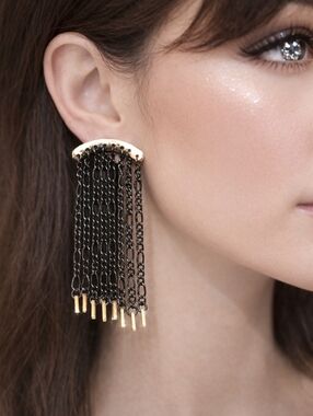 Gold  & Black Chain Fringed Post Drop Dangle Earrings - Women Fashion Jewelry